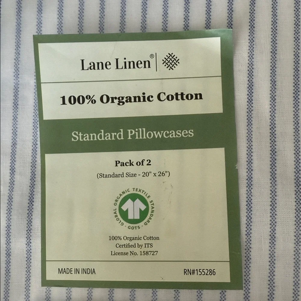 A set of two Blue Striped Pillowcases in 100% organic cotton. 20”x26”. New. - Picture 2 of 3